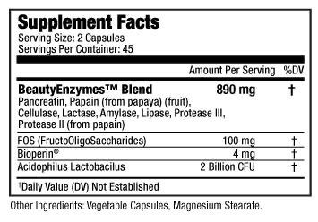 Beauty-Enzymes® provides a blend of supportive and powerful digestive enzymes that work to digest and breakdown all food, and reduce added inflammation and stress experienced on the body.  • Supports Complete Food Absorption  • Supports Fat Metabolism  • Helps Reduce Bloating and Indigestion  • Promotes Formation of Beneficial Bacteria  • Provides Gut Healthy Probiotics | BeautyFit®USA